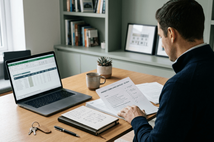 Over-the-shoulder view of a property investor reviewing compliance documents at a modern wooden desk. The clean, well-lit workspace features a laptop displaying a spreadsheet, a notebook with floor plan sketches, house keys, and a coffee mug, set in a tidy home office with green built-in bookshelves.