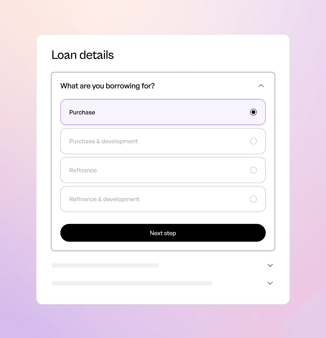 Lendhub mobile loan details calculator interface with a purple gradient background.