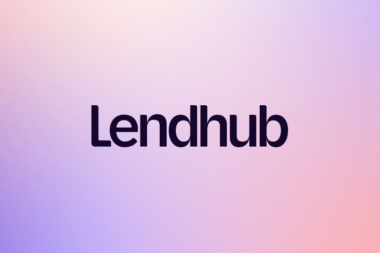 Lendhub logo displayed on a soft gradient background, featuring shades of pink, purple, and blue.