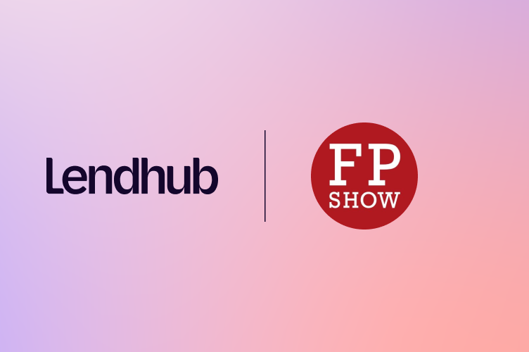 Red circular logo with white text reading 'FP SHOW' on a soft gradient background representing Lendhub's brand identity.